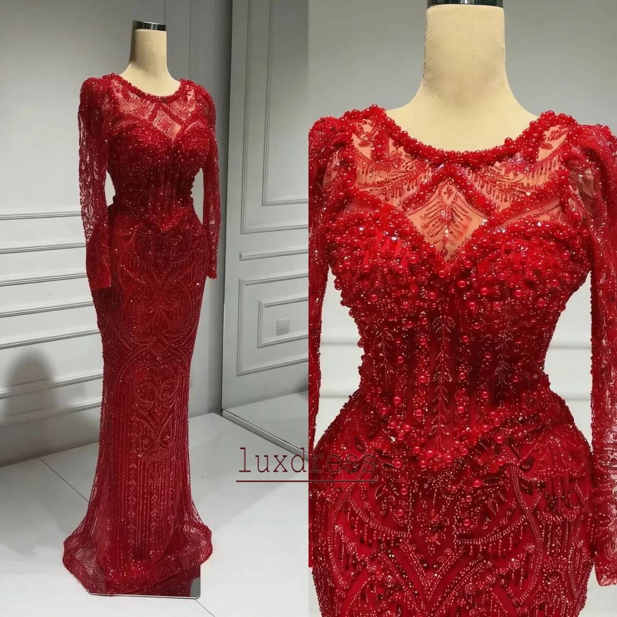 Red Beaded Evening Dresses Mermaid Long Sleeves Formal Occasion Dresses Pearls Cocktail Dresses robes de soiree