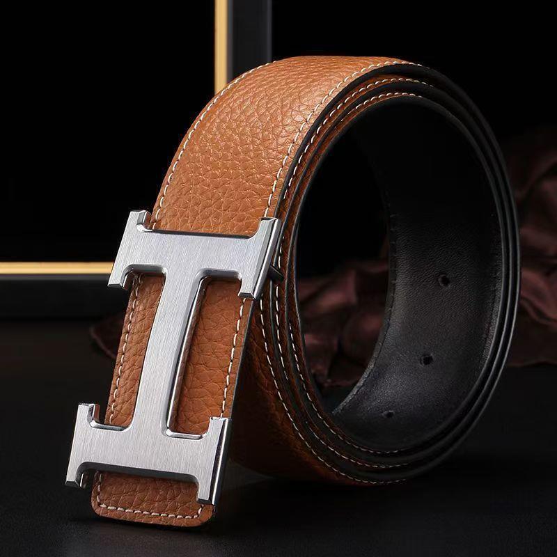 Men's leather belt trimmed edge and lychee pattern, made from top-grain cowhide, 3.5cm wide, a buckle, suitable for business casual wear with j