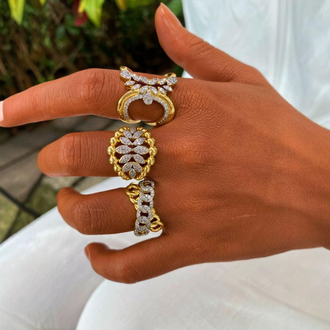 Luxurious Designer European And American Fashionable High-end Irregular Leaf-shaped Double-color Micro-set Zirconia Finger Ring Wide Version Manufac