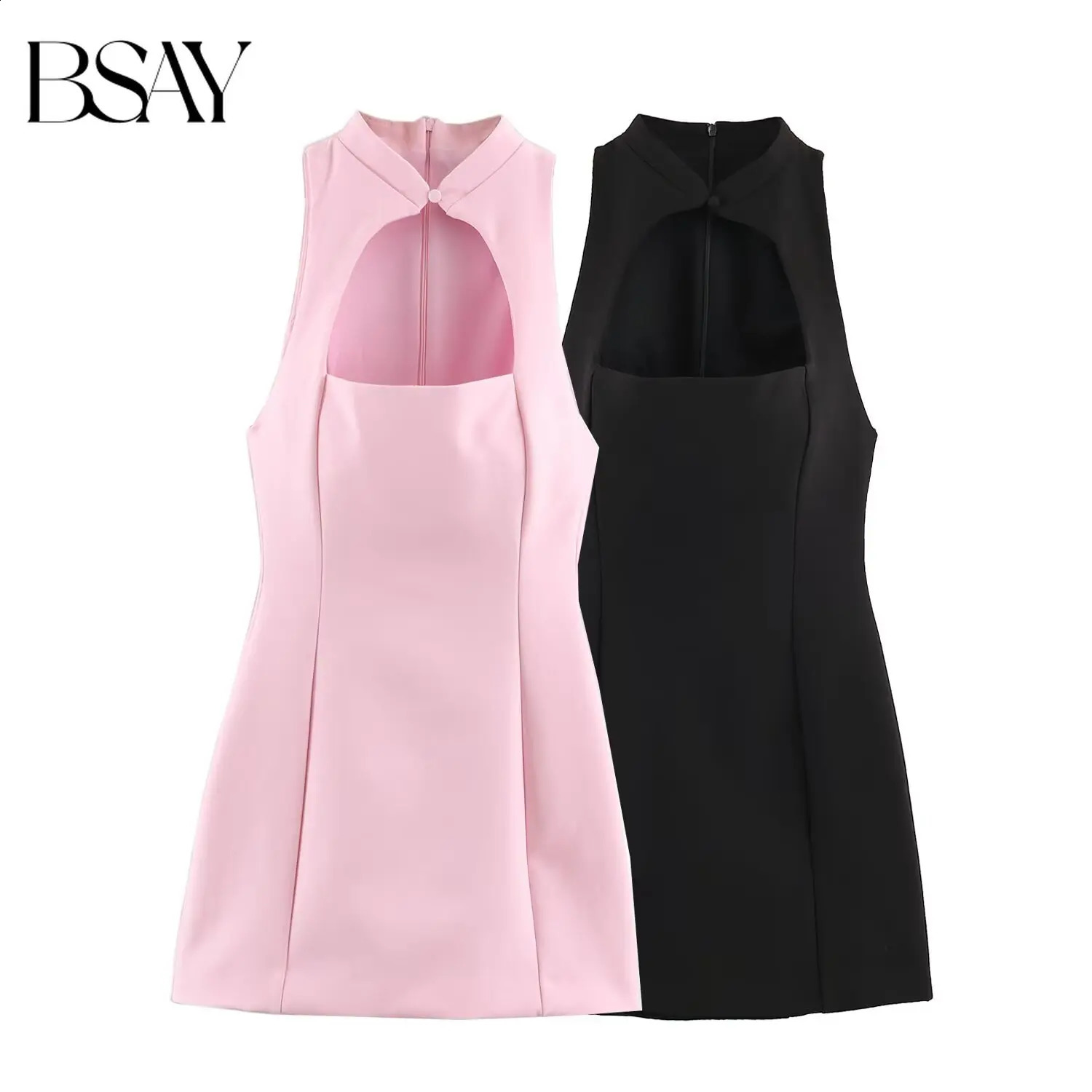 BSAY Fashion Summer Halter Short Dress Women Stand Collar Hollow Front Sleeveless Bodycon Mini Dress Chic Evening Party Dress 260917