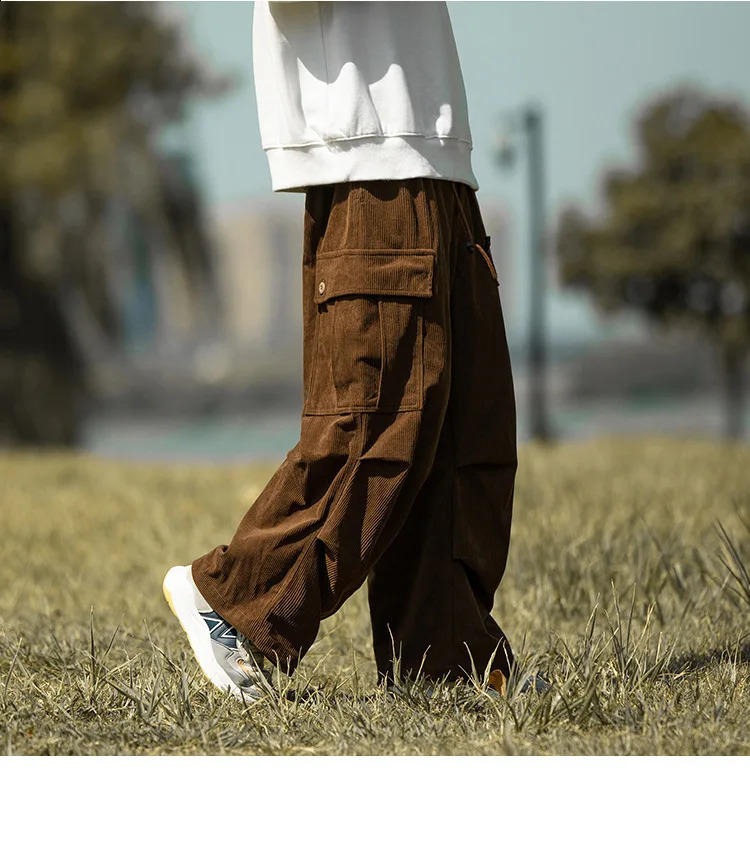 autumn and winter retro brown corduroy multi pocket workwear pants for men loose drawstring elastic waist pants 260917