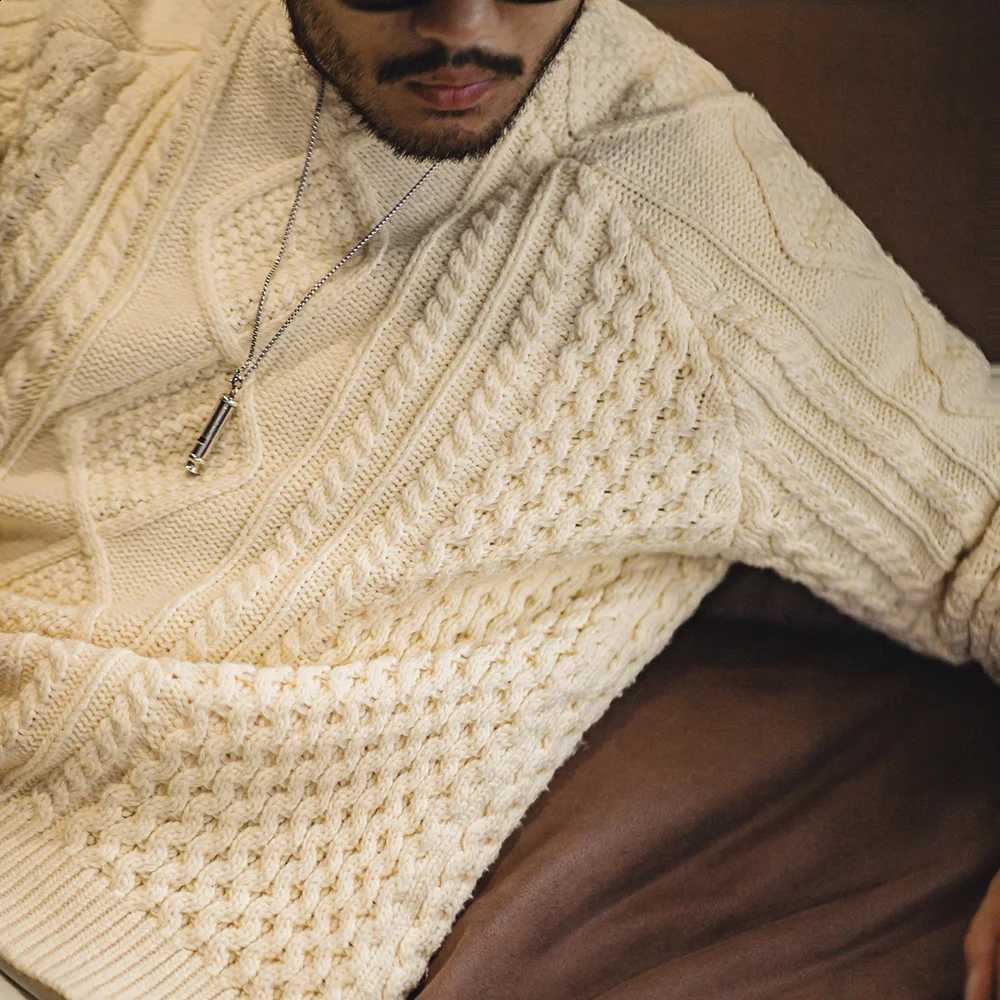 Sweater Maden Men's Retro Aran Autumn and Winter Thickened Knitwear Beige Round-neck Woven Sweater Versatile Leisure PulloverW260915