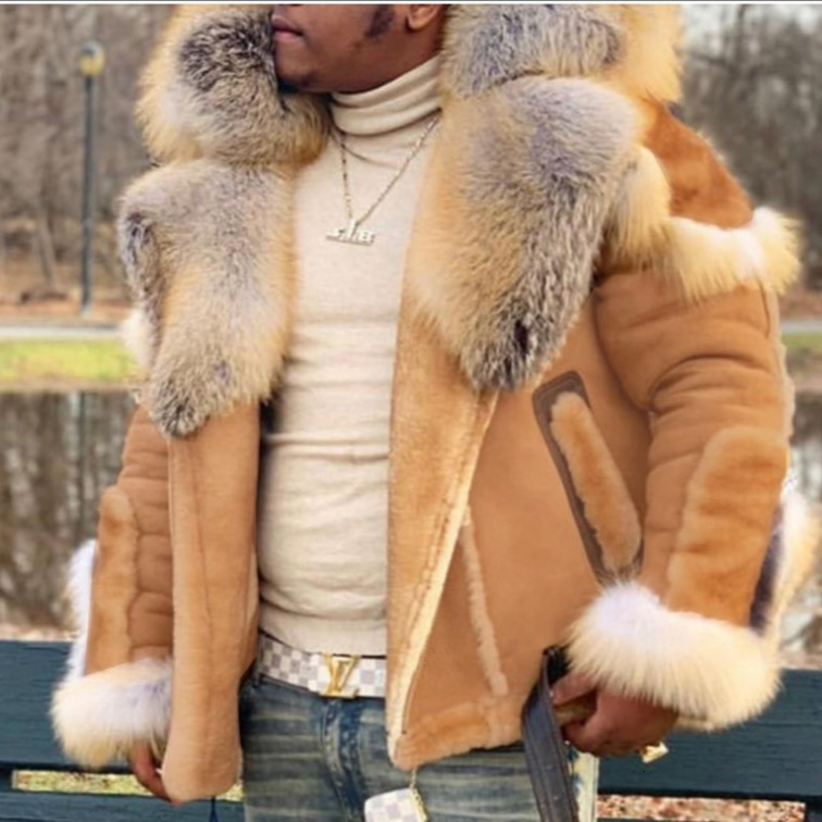 Wish Men's Faux Leather Coat With Large Fur Collar, Long Sleeve, 2026 New Model