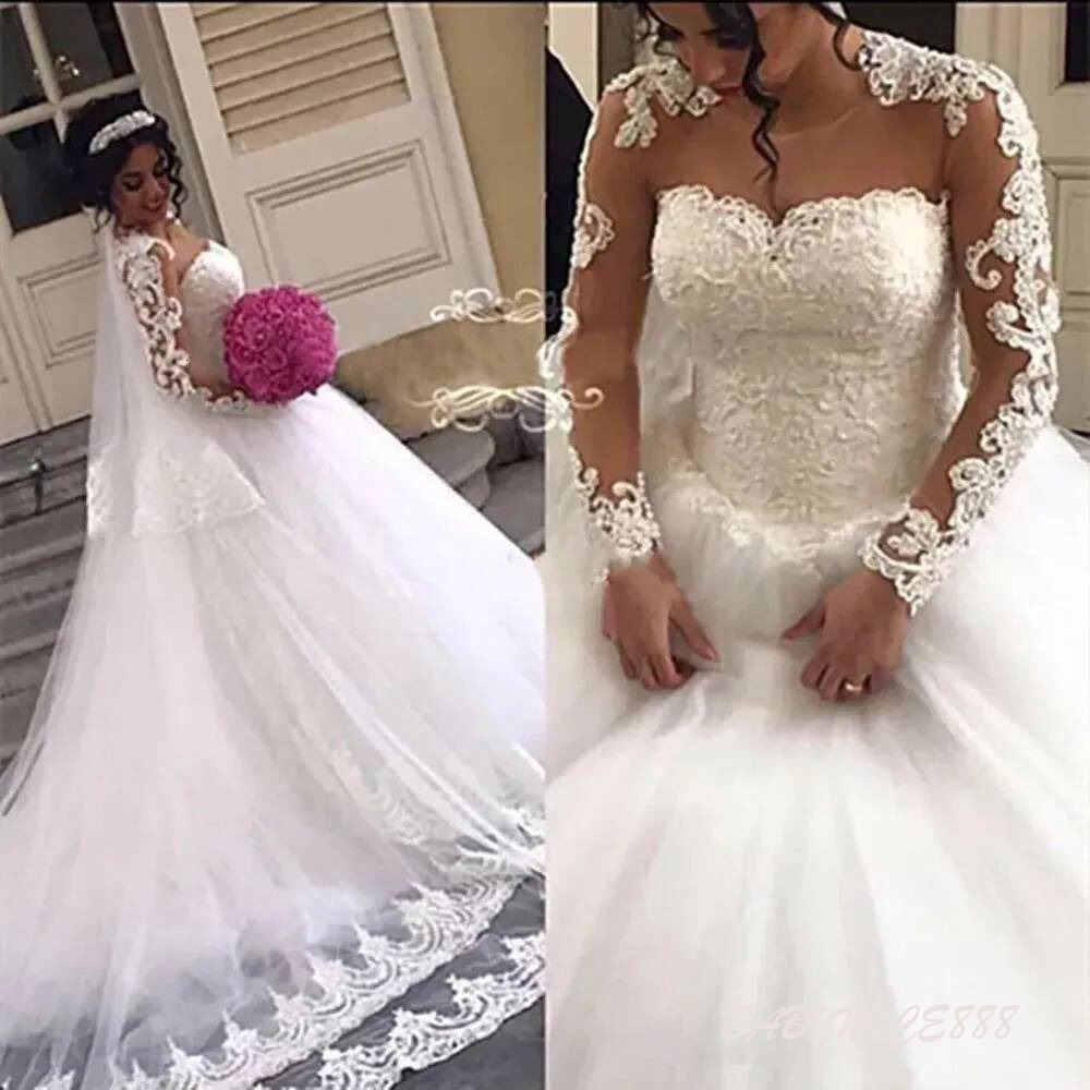 Ball Gown Wedding Dresses New Ivory Bridal Gowns Formal White Custom Plus Size Lace Up Applique Zipper Long Sleeve Tulle Illusion O Neck