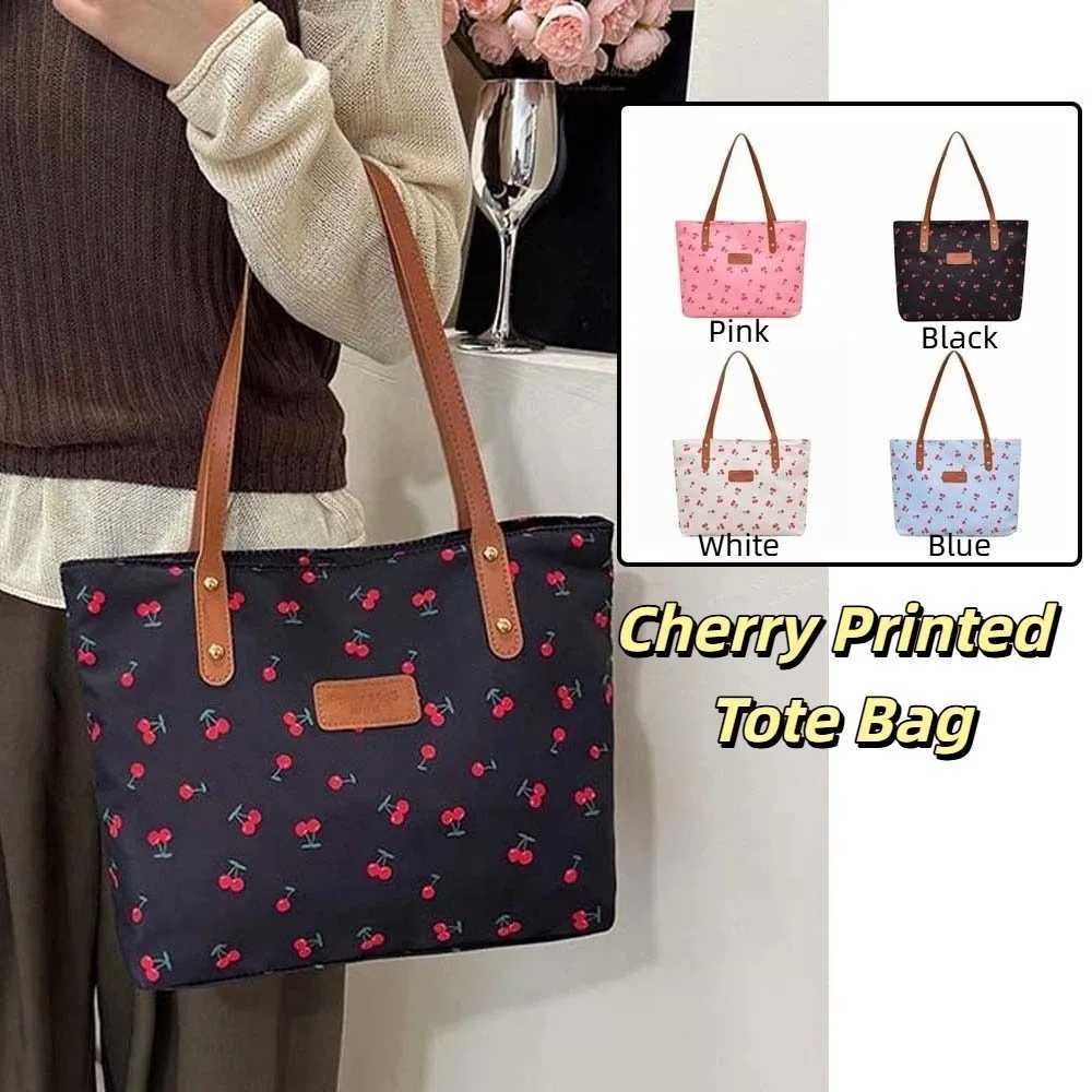 Korean Style Cherry Printed Tote Bag Solid Color Lightweight Patterned Canvas Handbag Trendy Large Capacity Women Shoulder Bag H260916