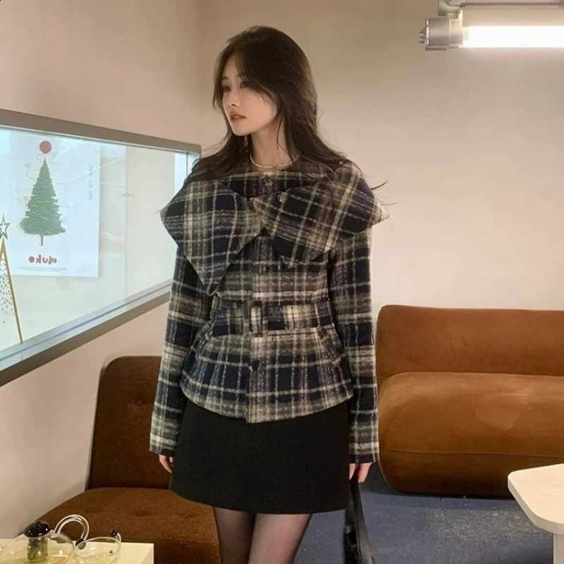 Vintage Blends Fashion Patchwork Plaid Single Breasted Sashes Wool Female Slim Coats Tops Small Fragrance 2025 Women's Clothing C260917