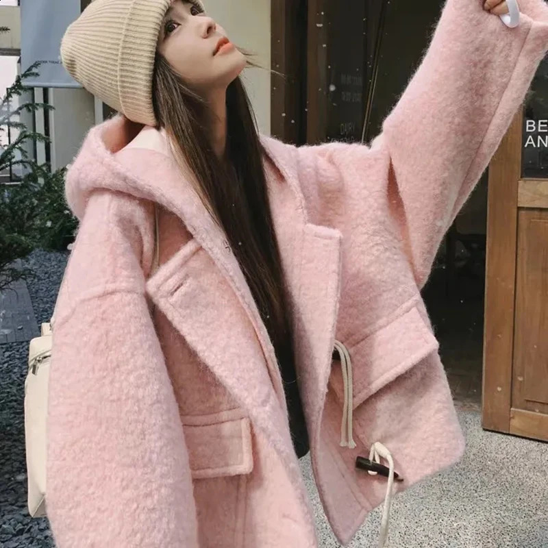 Pink Hooded Crop Woolen Coat Casual Chic Horn Buttons Sweet Thick Outwear Korean Loose Long Sleeve Office Lady Tops 260917
