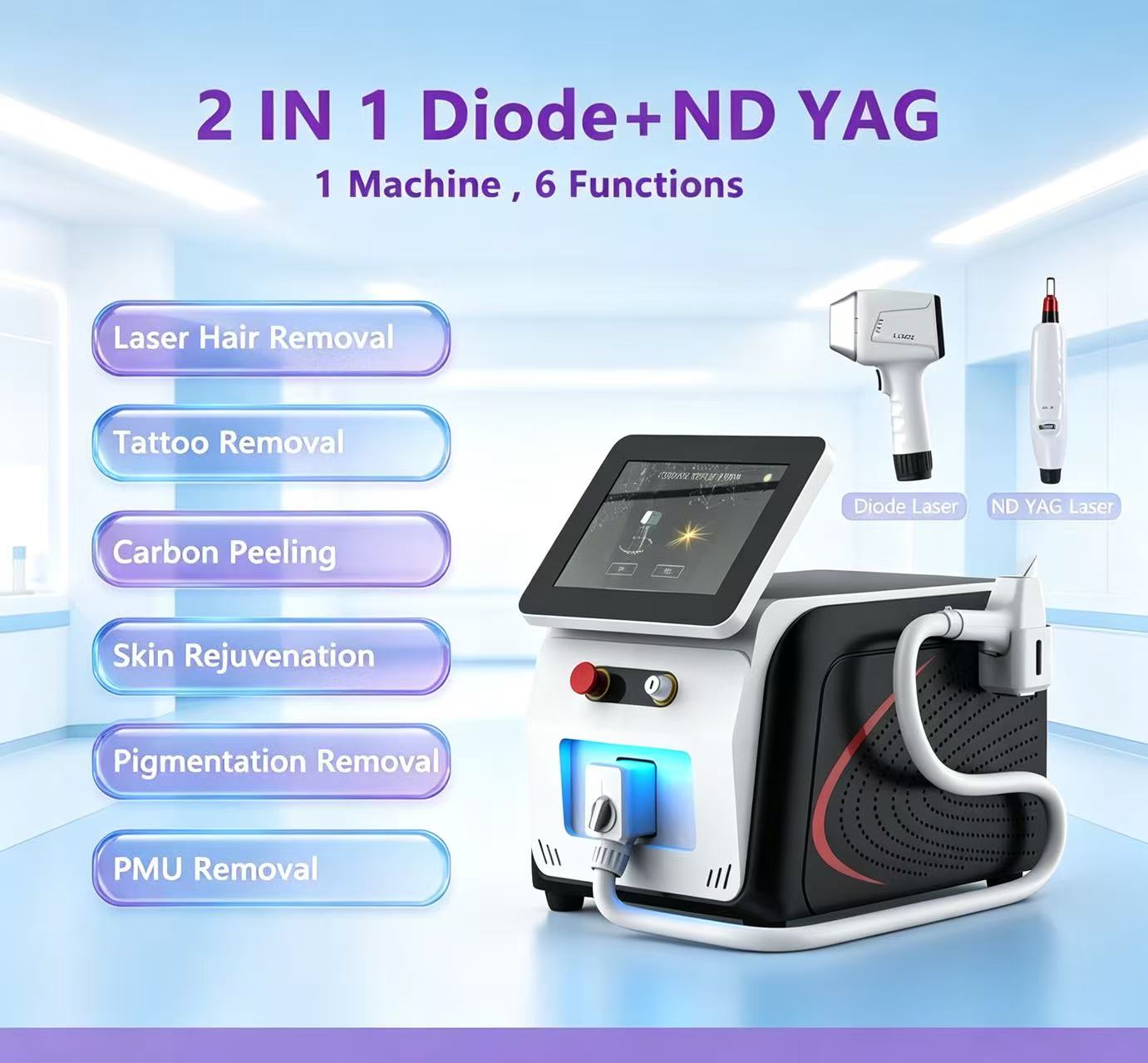 All In One 2 IN 1 Diode ND YAG Laser Machine Beauty Treatments Hair Removal Tattoo Carbon Peeling Skin Rejuvenation