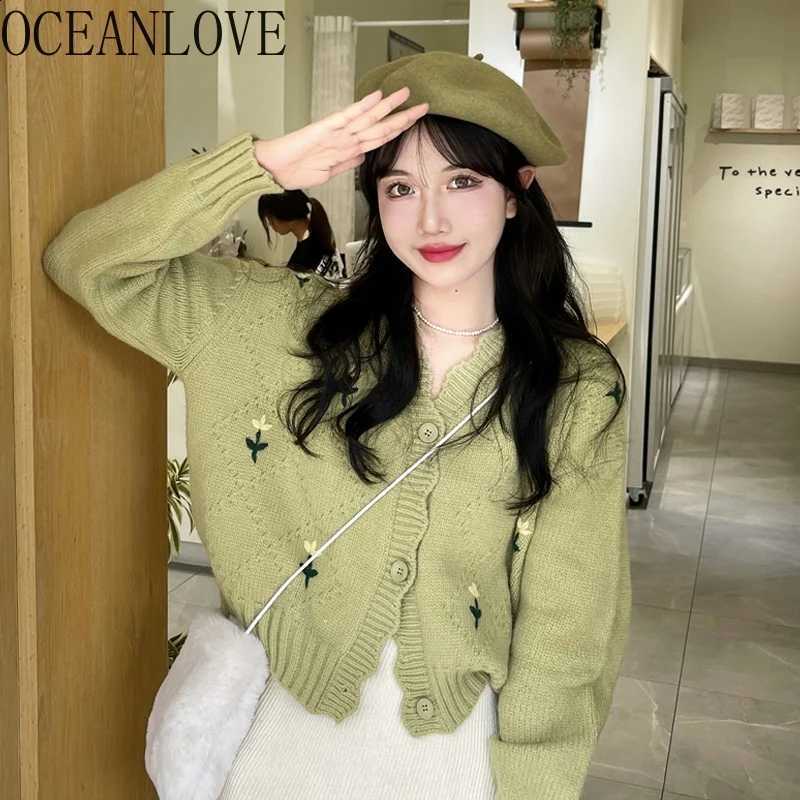 Cardigans OCEANLOVE Sweet Short Embroidered Floral Japan Style Women Sweaters Kawaii V Neck Green Autumn Winter Chaquetas J260916