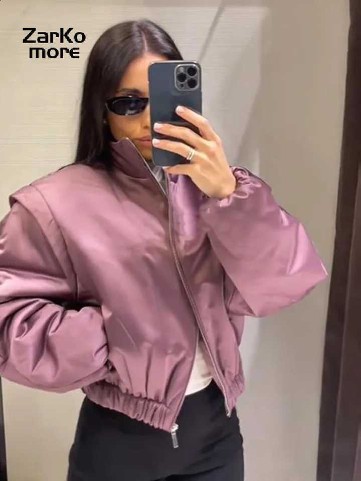 Women's Solid Fashion Satin Bomber Jacket Mauve Puff Sleeve Cropped Zipper Pocket Jackets 2026 Autumn Lady Y2k Street Coats New C260917
