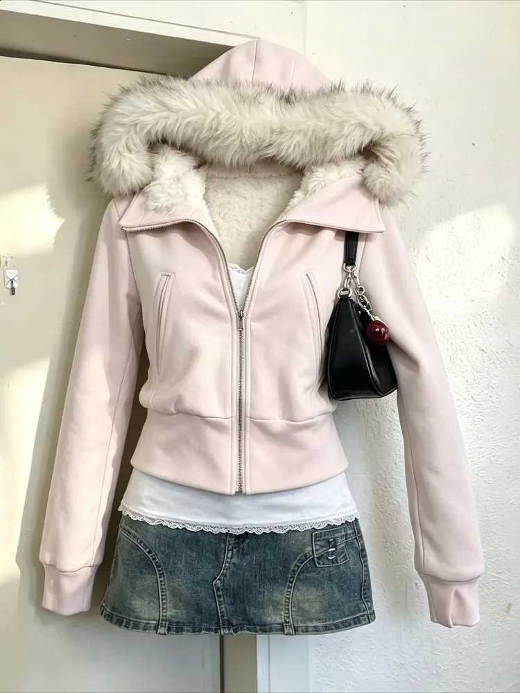 Sleeve Women Long Cropped Puffer Jacket Faux Fur Lined Hood ZipUp Winter Parka Y2K Grunge Streetwear Casual Outer Coats Fashion C260917