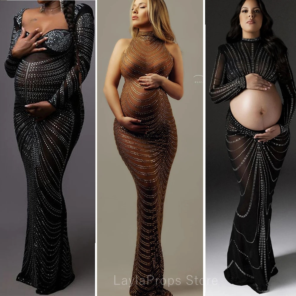 Maternity Dresses For Po Shoot Maxi Evening Sexy Pregnant Women Elegant Sleeveless Bodycon Party Stretchy Rhinestone Body-con 260916
