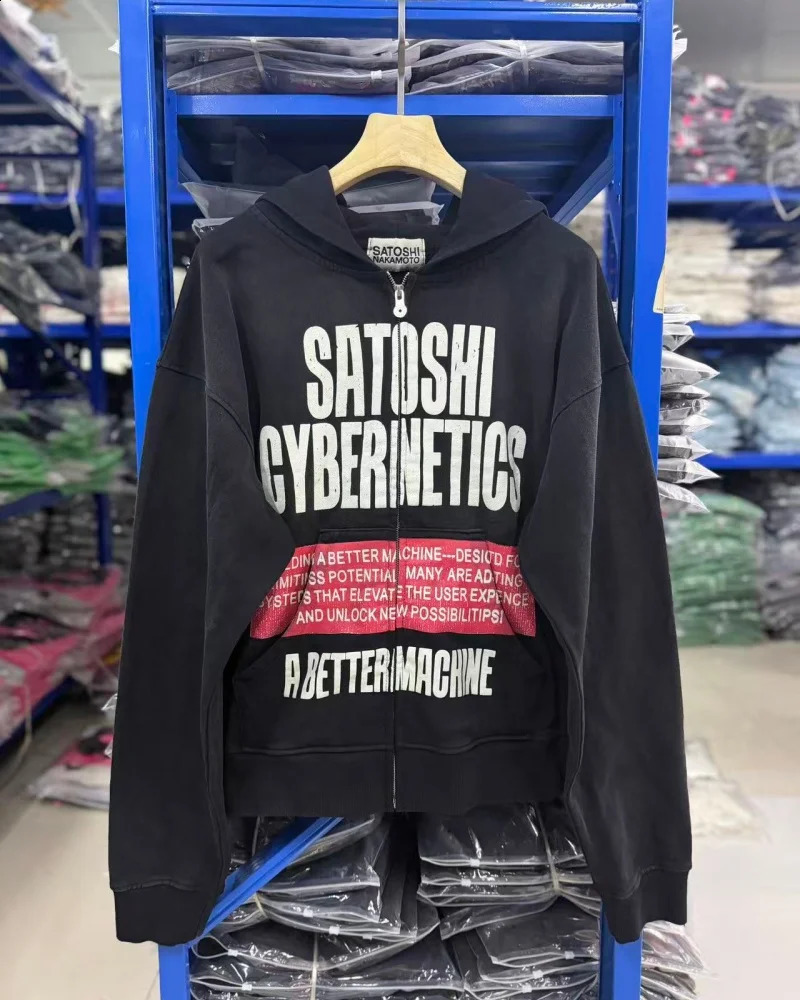 High Street 26SS Satoshi Nakamoto HighQuality Washed 100% Cotton Oversized Distressed Winter Fashion HighEnd Zipper Hoodie 260917