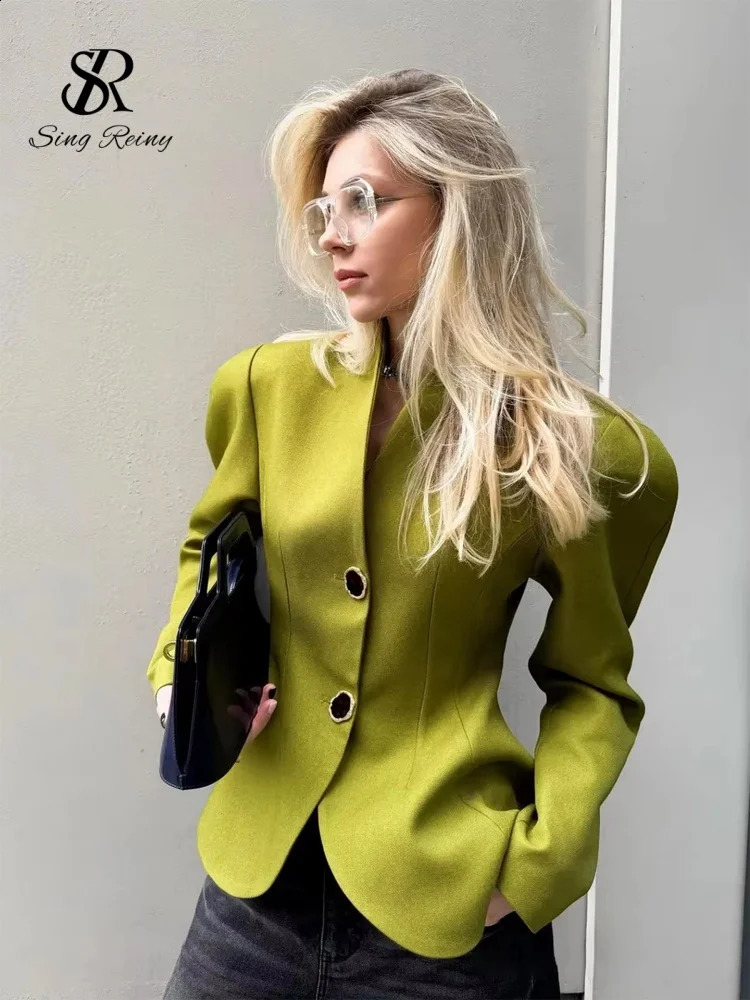 SINGREINY Autumn V Neck Women Satin Blazer 2026 Collarless Long Sleeve Metal Button Trendy Slim Vintage Green Tailored Jacket 260915
