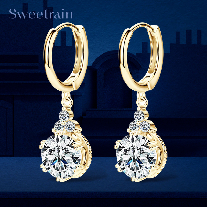 Sweetrain 1CT 2CT Drop Earrings For Women Sparkling Lab Diamond 18K Gold Plated 925 Sterling Silver Dangle Earring 260915