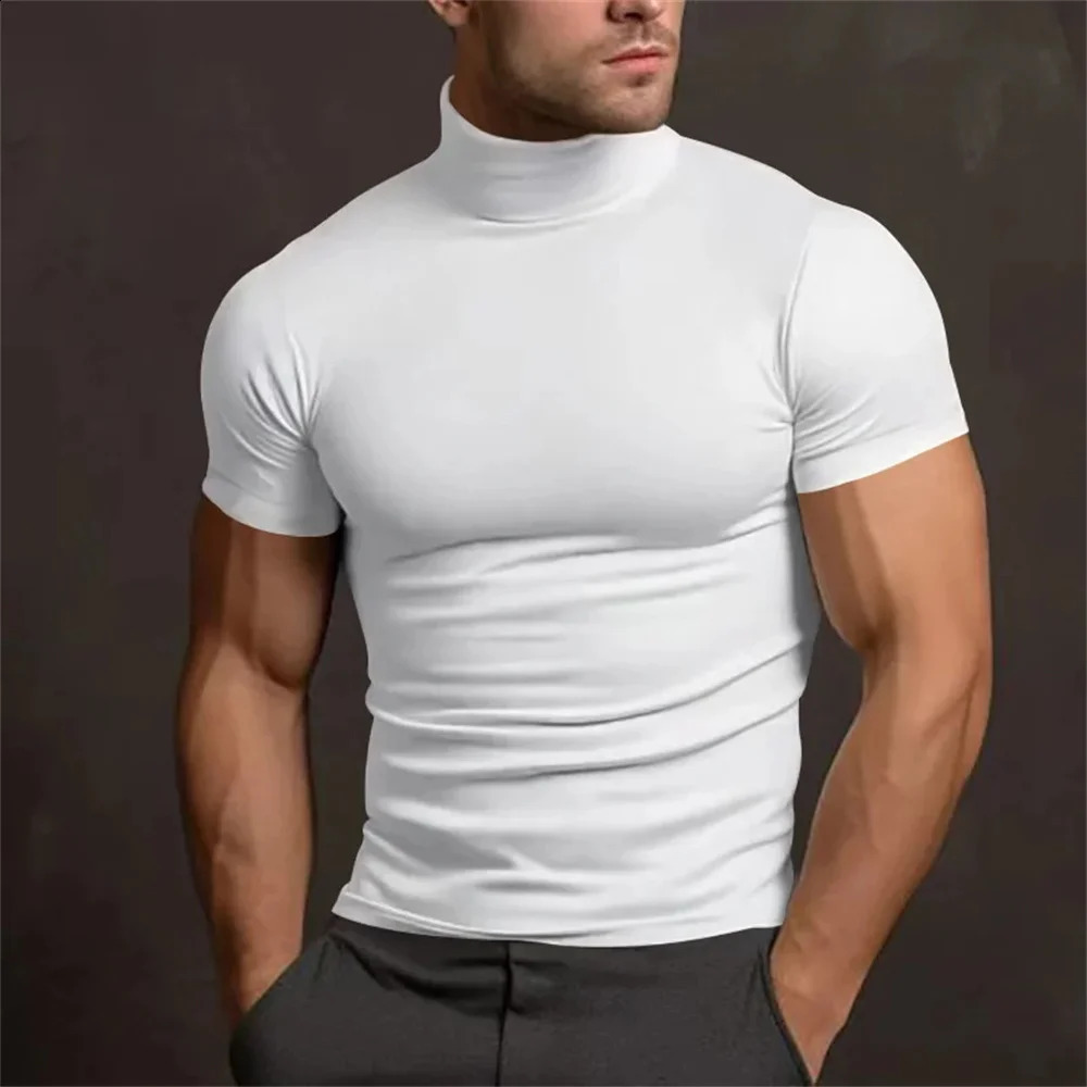 Cross-border summer solid color short-sleeved fashion bottoming shirt men's tight turtleneck T-shirt 260916