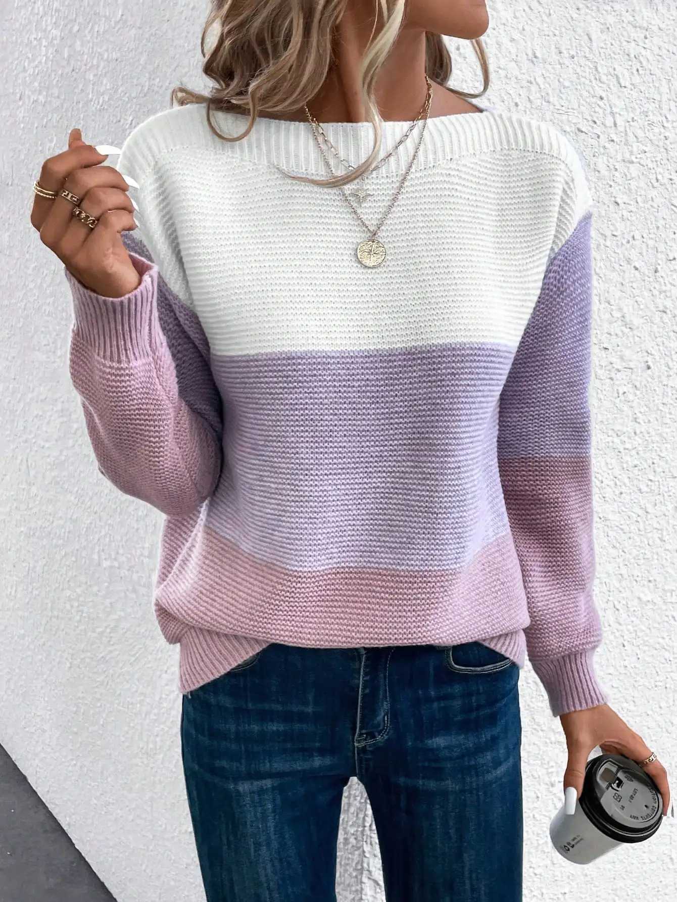 Elegant Thr-color Patchwork Sweater Women Daily Commuter Casual Loose Jumpers Female Autumn Winter Knitted Thickened Warm Tops S260917ZULB