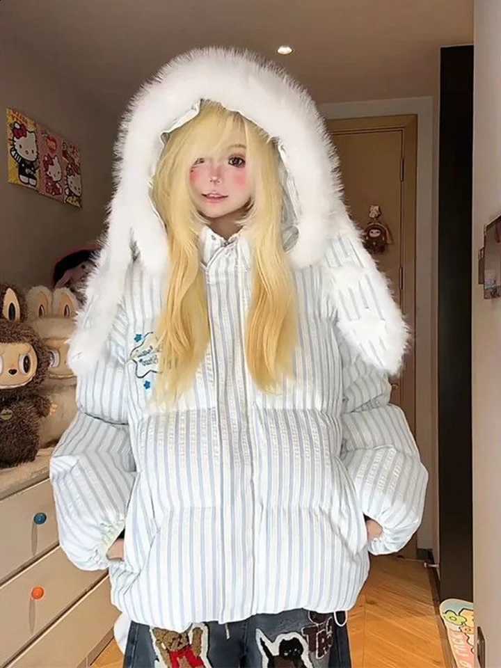 Cute Preppy Style Striped Parkas Women Hooded Rabbit Ears Sweet Kawaii Puffy Coats Winter Warm Female Letter Long Sleeve Jacket H260917