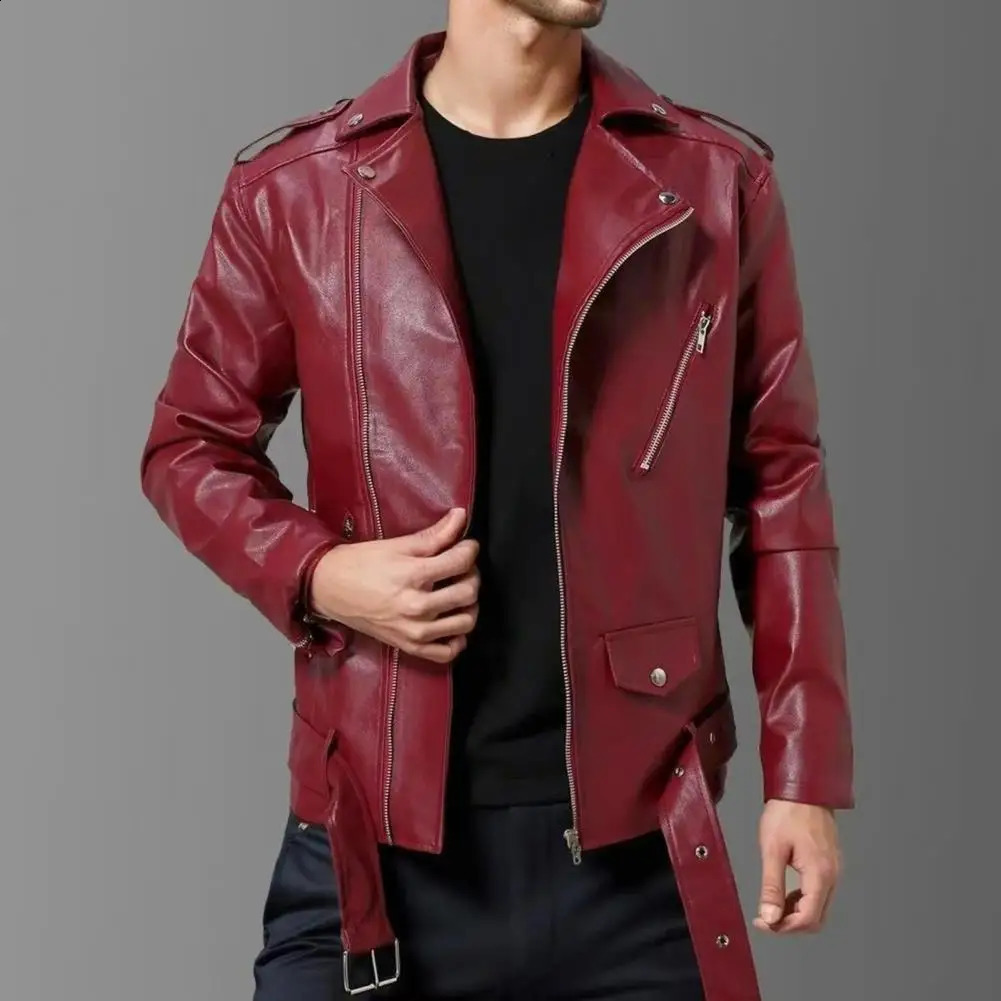 Men Faux Leather Jacket Solid Color Long Sleeves Male Coat With Diagonal Zipper Slim Fit Belt Adjustment Windproof 260916