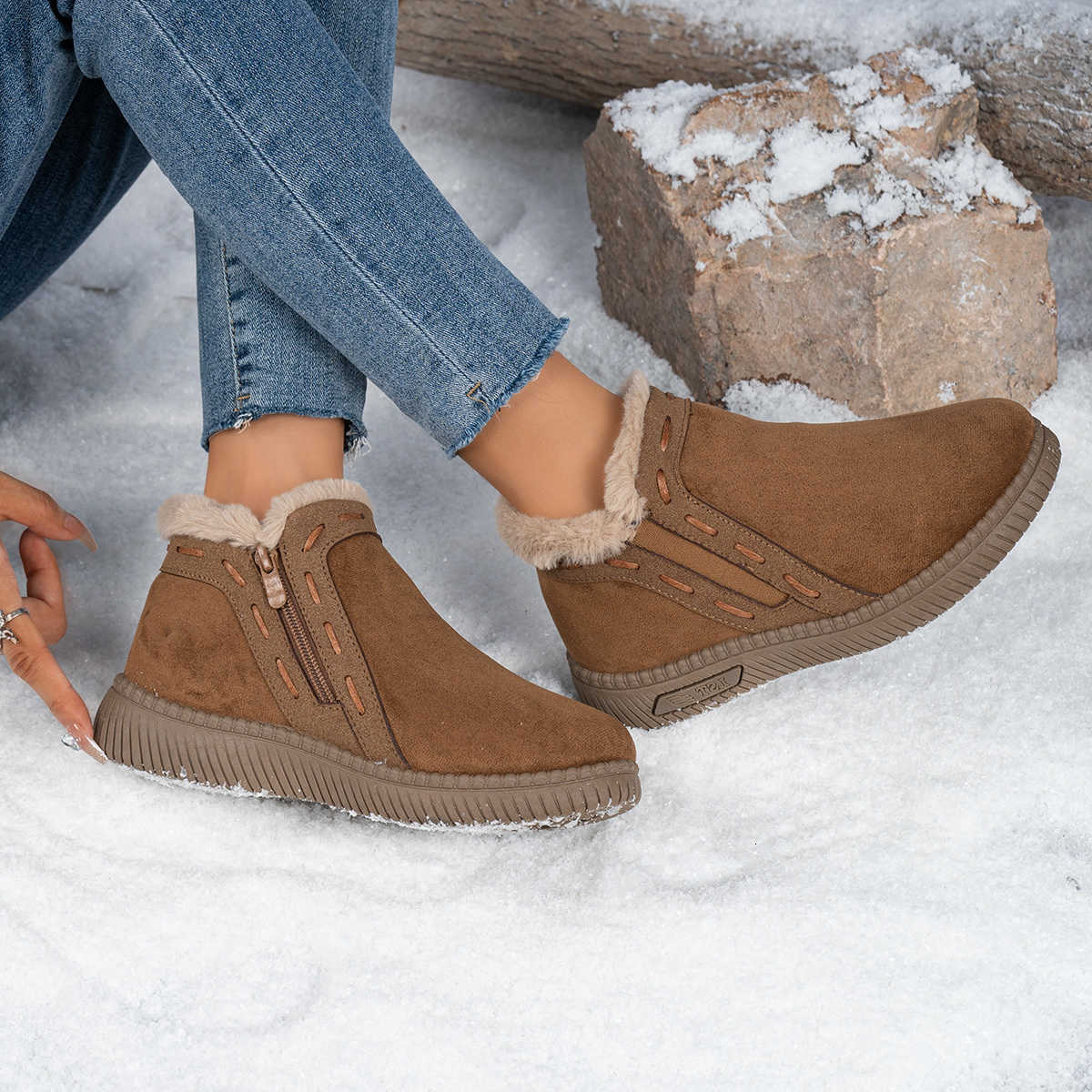 Women Winter Boots Brown Women's Ankle Boots Side Zipper Warm Fleece Lined NonSlip Flat Snow Boots Casual Daily Outdoor Wear D260917