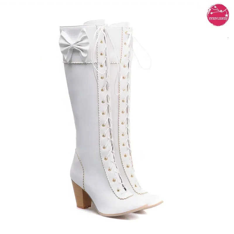 Knee Autumn Winter High Lolita Boots Sweet Women PU Leather Long Booties Round Toe Block Heels Bowtie Lace Up JK Uniform Party D260917