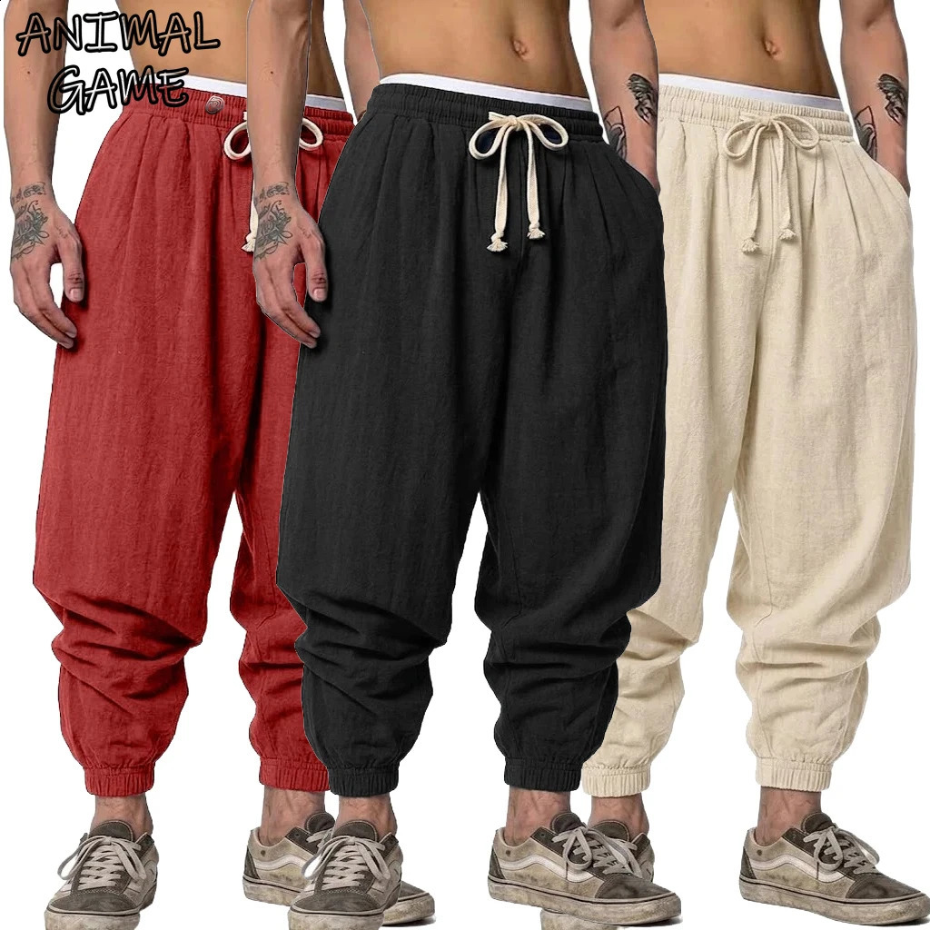 Korean Linen Trousers Man Autumn Gym Man Yoga Casual Baggy Pants Spring Autumn Harem Pants Loose Drawstring Work Pants Men 260916