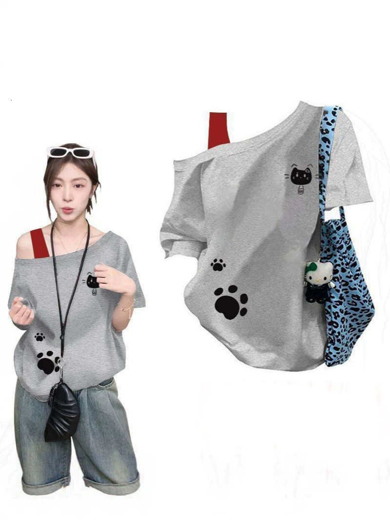Unique dog paw print short-sleeve T-shirt with a cartoon cat design, loose fit, versatile, casual, fashionable, and trendy a7