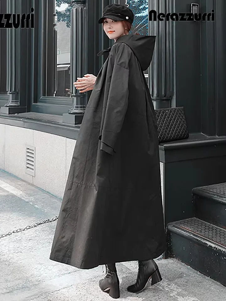 Nerazzurri Spring Autumn Long Black Waterproof Raincoat Coat for Women with Hood Sleeve Loose ner Clothes 2025 260917