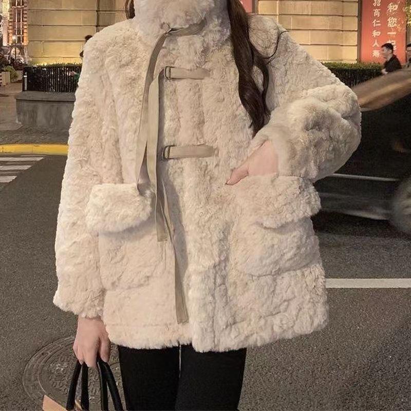 Manteau mi-long à col montant pour femme, vêtement d'extérieur coupe large avec sangles et boucles, avec de grandes poches, veste chaude et décon
