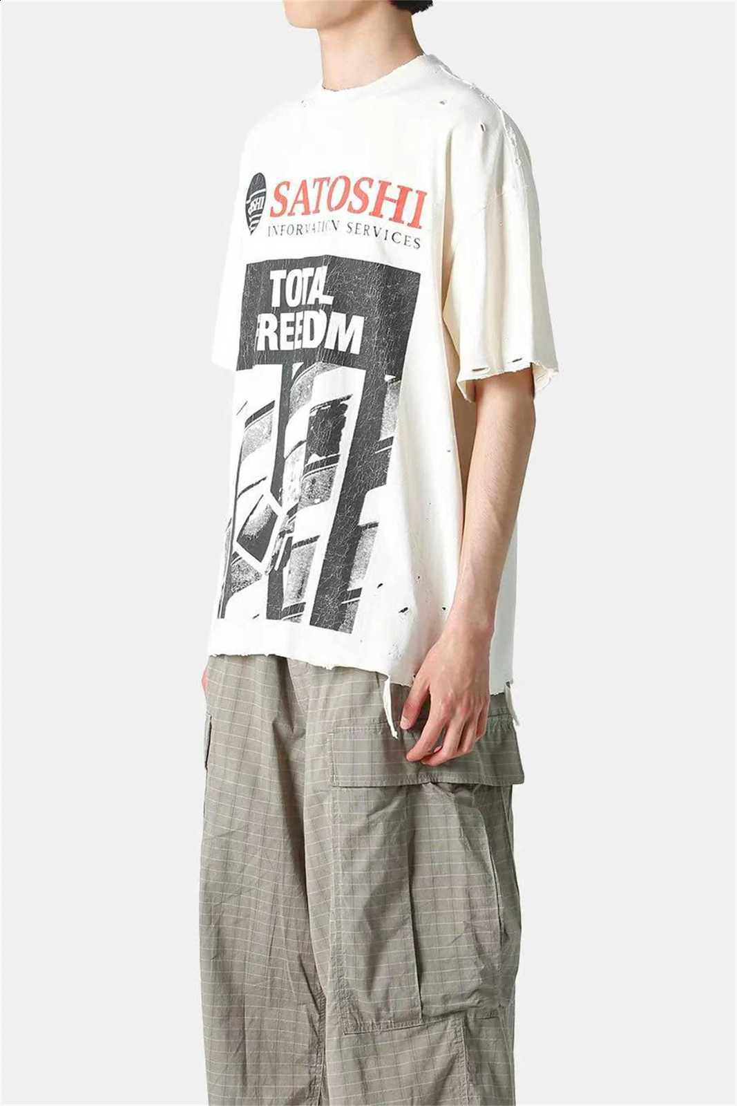 VTG VINTAGE Retro 26SS SATOSHI TOTAL FREEDOM Full Cotton Print Washed Distressed Short Sleeve T-Shirt Tee For Men X260916