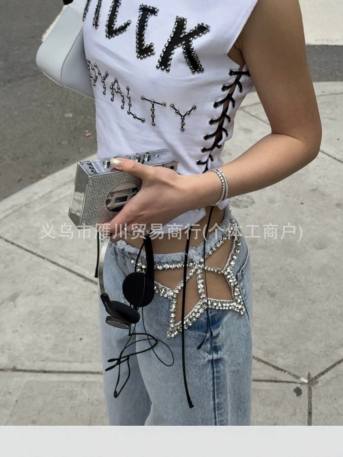 European star-patterned, cut-out pocket jeans, American street embellished with rhinestones, sexy and trendy, Y2K style, straight-leg long pants for