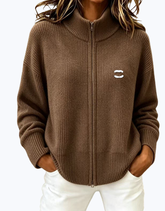 Free shipping 2026 designer women sweater autumn winter long sleeved knitted sweater jacket for women with a stand up collar and two zippers Daily o