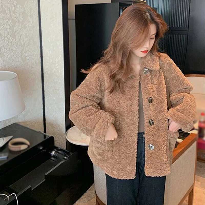 Artificial Lamb Plush Jacket Women Autumn Winter Long Sleeve Loose Lapel Warm Coat Ladies Sweet All-Match Plush Outerwear New H260917