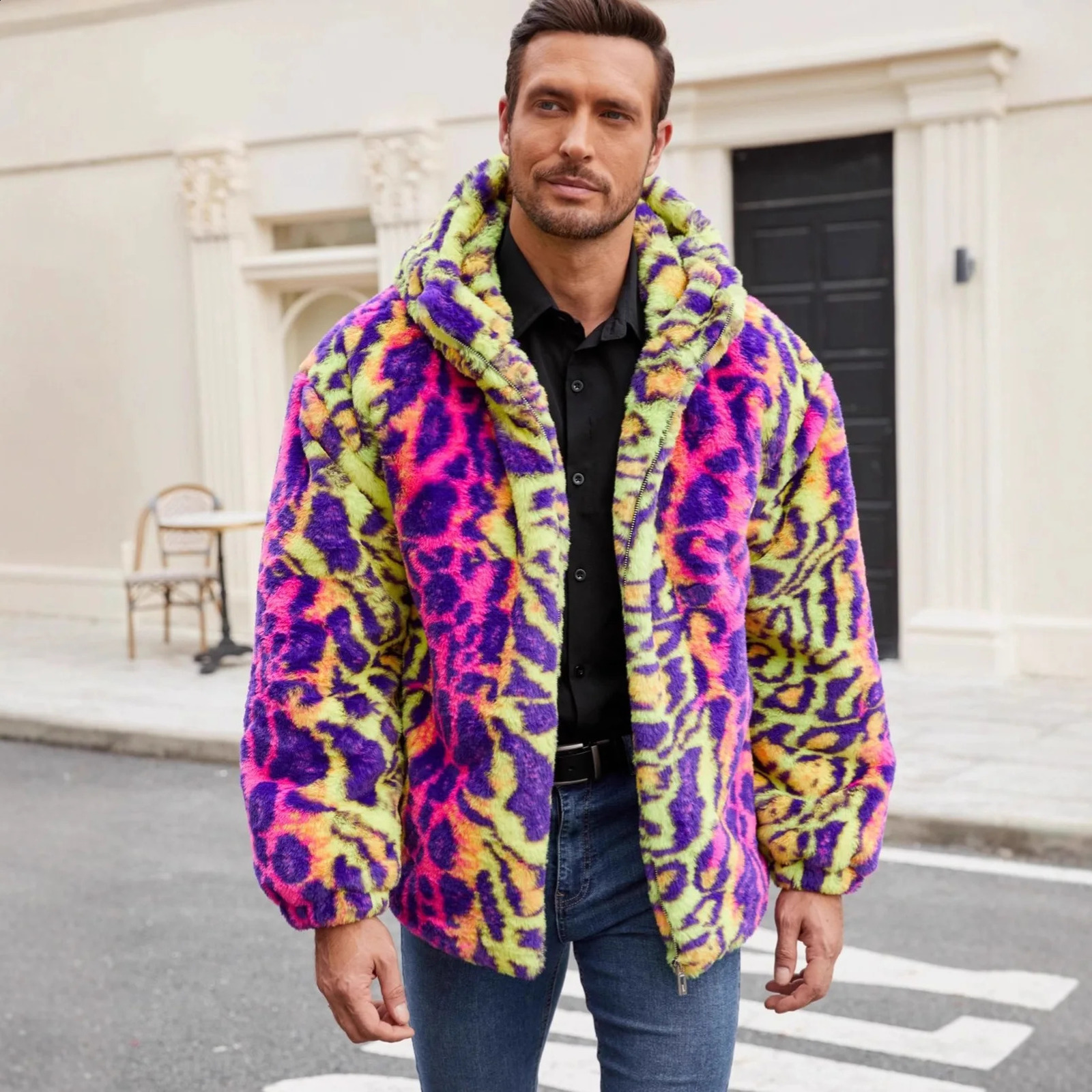 2026 Autumn Winter Men Colorful Leopard Print Furry Hooded Long Length Fur Thickened Warm Jacket 260917