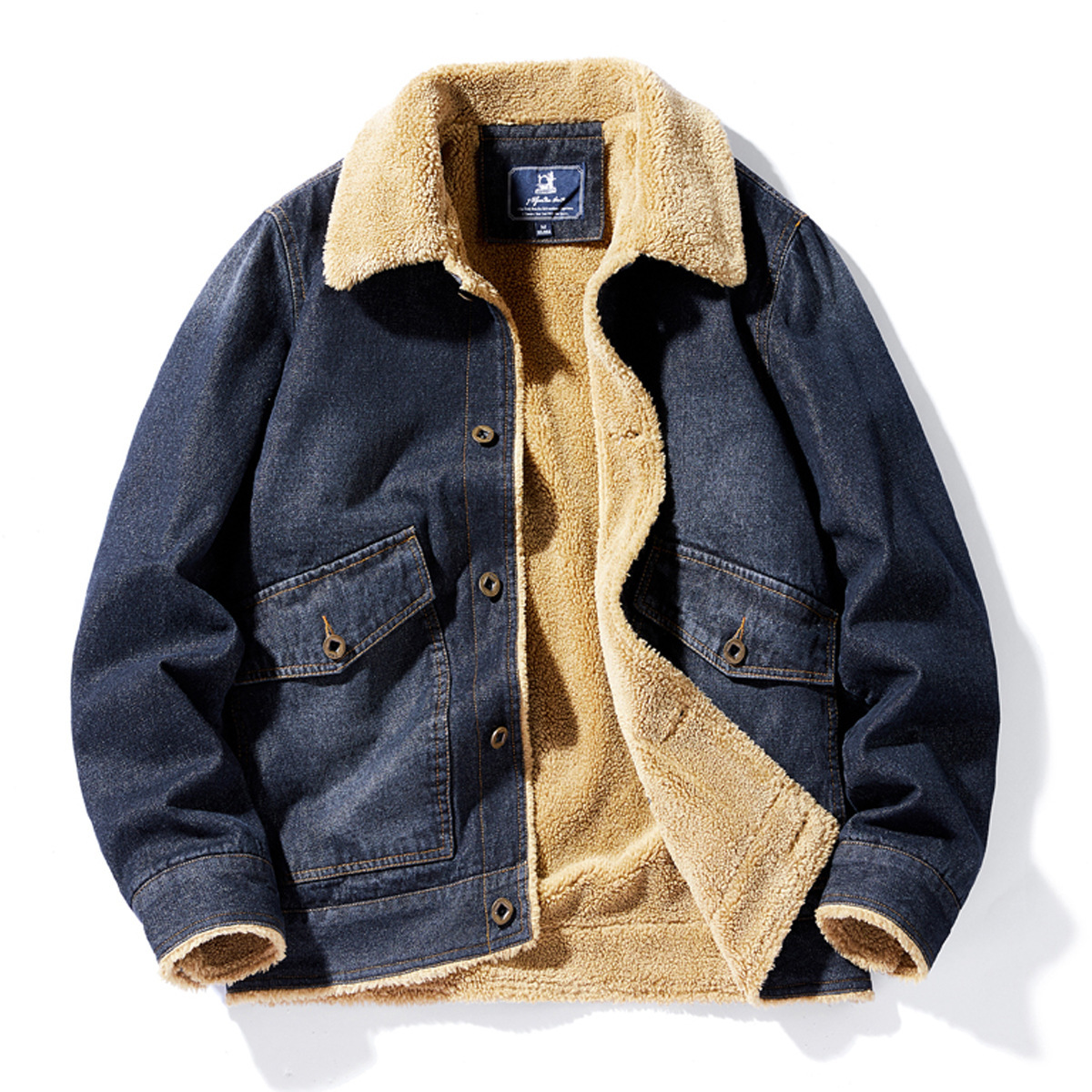 Stylish Warm and Loose Workwear Denim Jacket, Men's Winter Thick Wool-Lined Loose-Fitting Casual Work Co 26Y0917