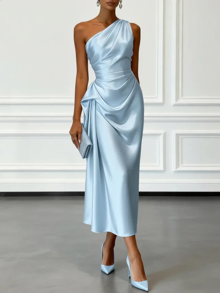 Elegant One Shoulder Satin Ruched Midi Dress for Formal Evening Cocktail Party 260917