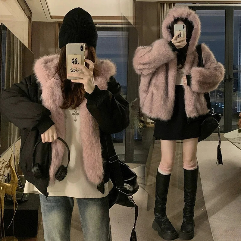 Double Sided Winter Coat Women Clothing Mink Fur Hooded Cotton Jacket Female Warm Plush Cotton-padded Outerwea 260917