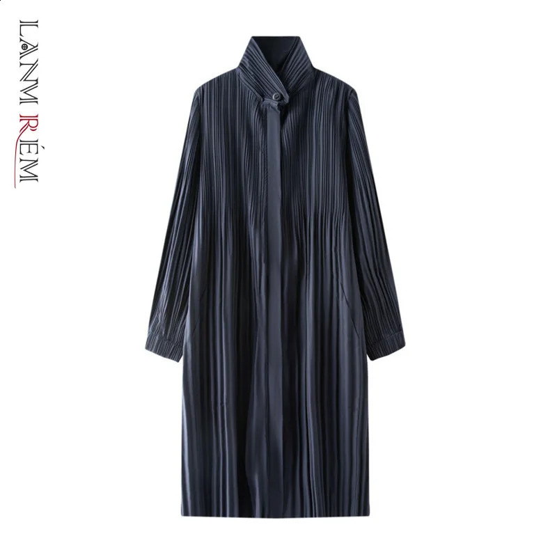 LANMREM Stand Collar n Womens Pleated Long Windbreaker Loose Trendy Lightweight Sleeve Zipper Trench Coat 32C2442 260915