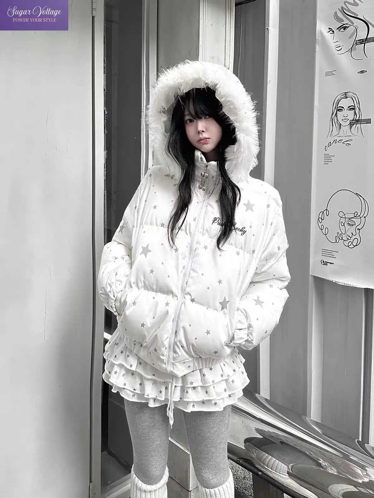 Winter Kawaii Korean Fashion Y2K Star Print Hooded Fur Trim Puffer Parka Women Thick Warm Oversized Zip Up Coat Streetwear 2026 H260917
