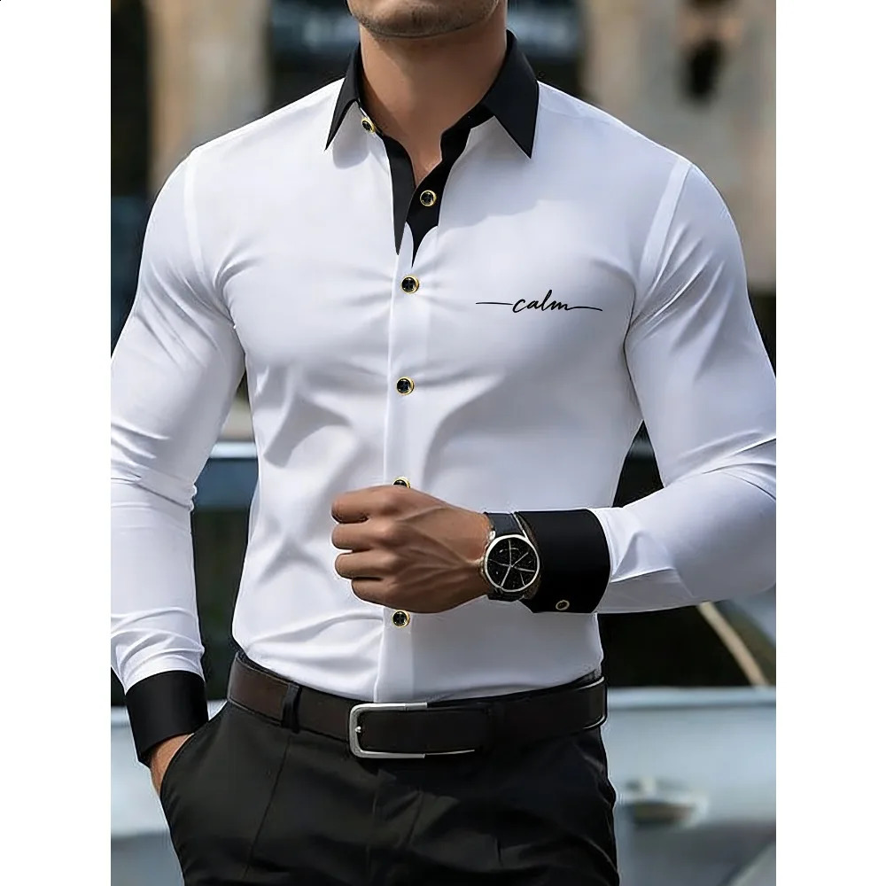 FGKKS Men Shirts Fashion Printed Smart Casual Business Long Sleeve Patchwork Micro Elastic Male Dress White Shirt 260916