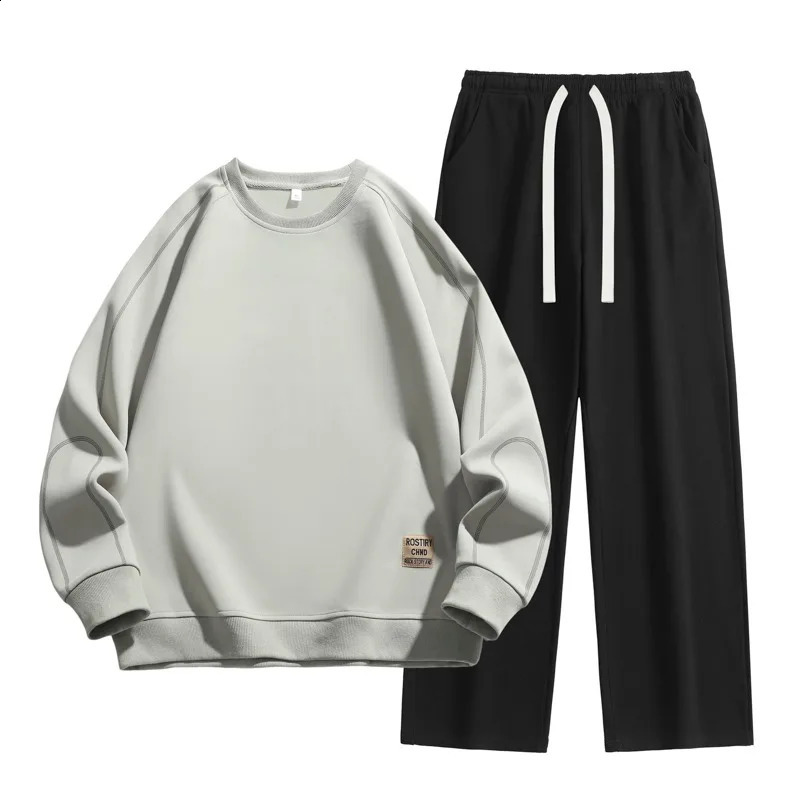 Men Japanese Minimalist Stitch Detail Crew Neck Sweatshirt Elastic Drawstring Wide Leg Pants Two Piece Set 260914