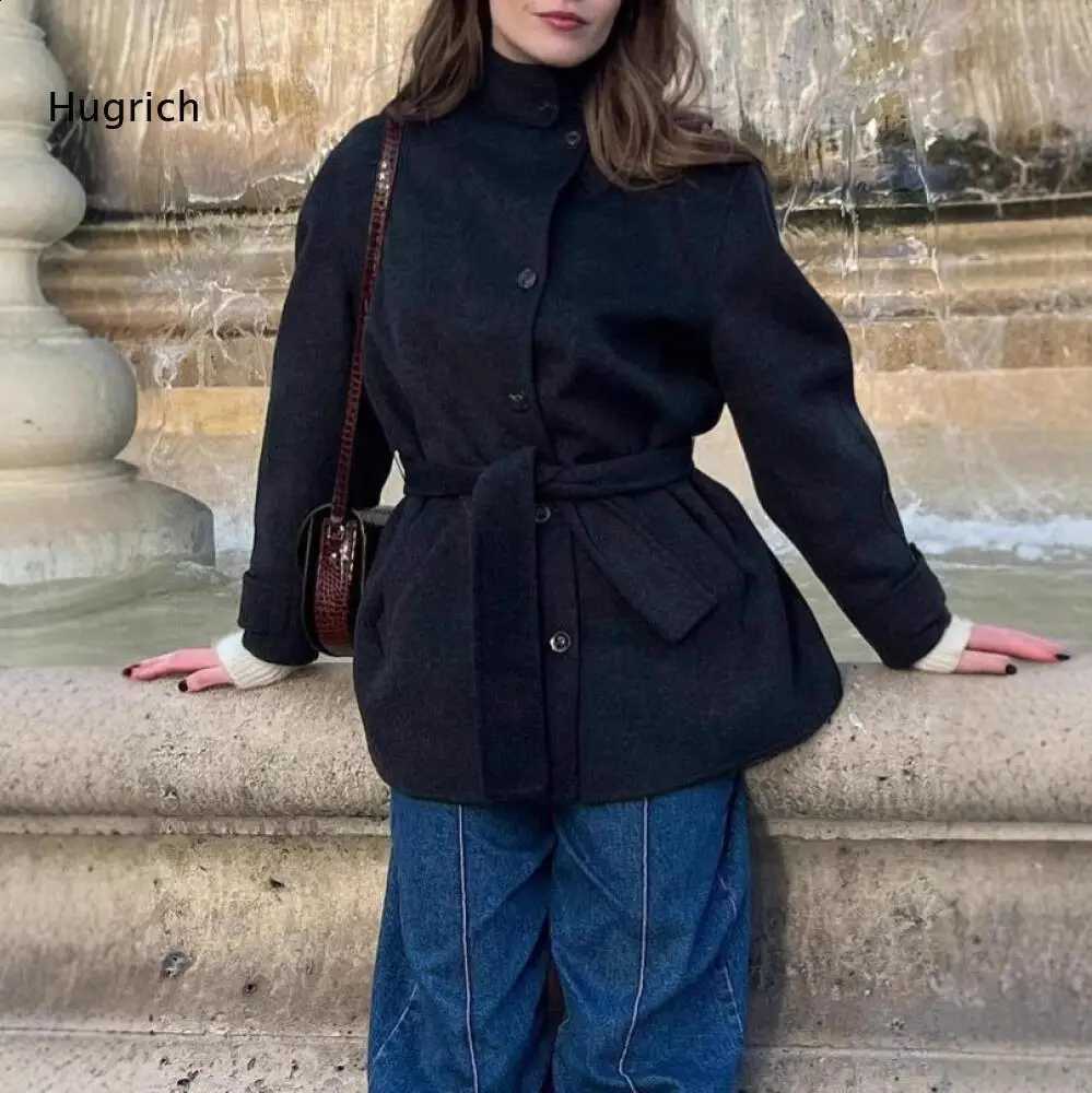Belted Elegant Ladies Waist Short Wool Coat Stand Collar Button Closure Loose Long Sleeve Outerwear For Fall Winter C260917