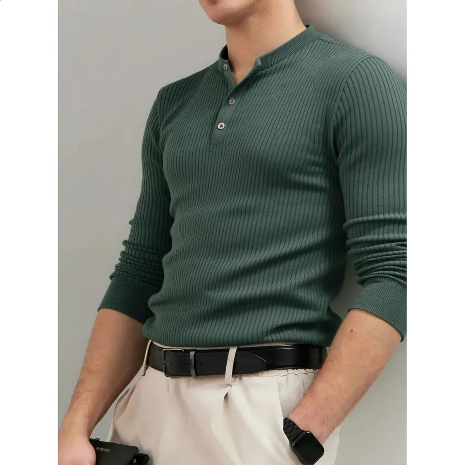 AIOPESON Button Placket Polo Shirt Men Ribbed Stripe Long Sleeve Contemporary Fit Minimalist Autumn Winter Premium Business Top 260916