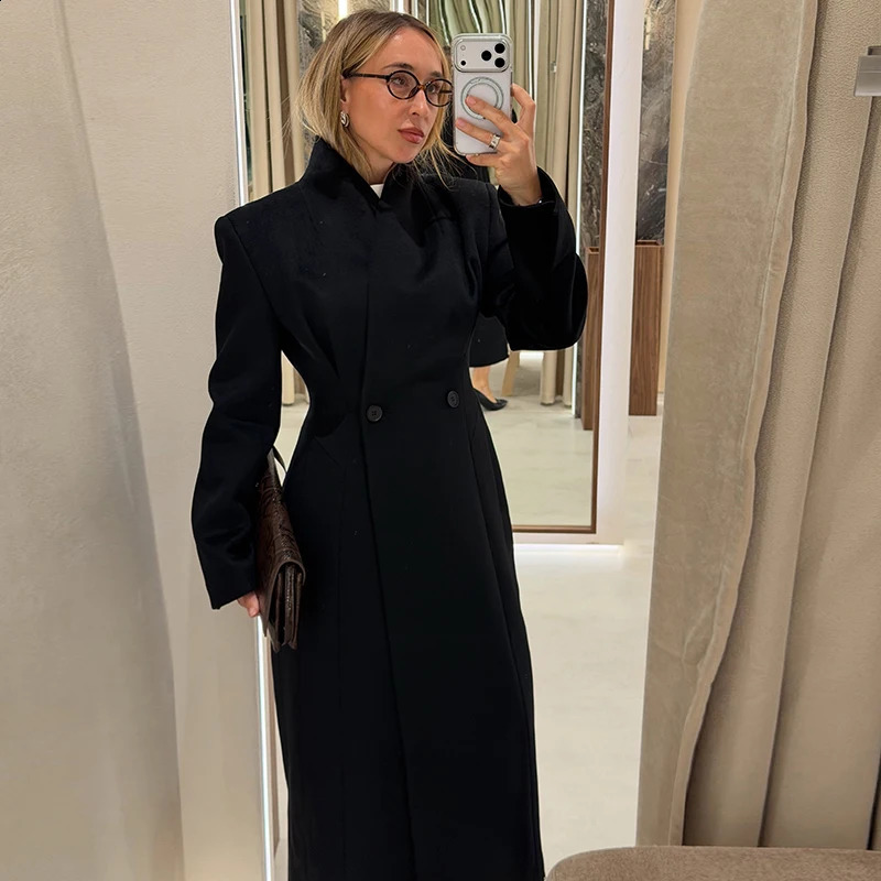 Women Wool Blend Hourglass Long Coat Stand Collar Fitted Waist Slim Fit Warm Maxi Jacket Elegant Casual Street Ladies Outerwear 260917