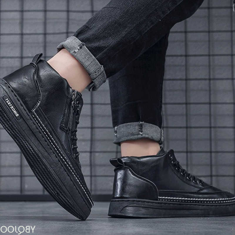 with Large size winter fashion thick fleece and warm men's short boots trendy and casual high top flat bottomed men's boots D260917