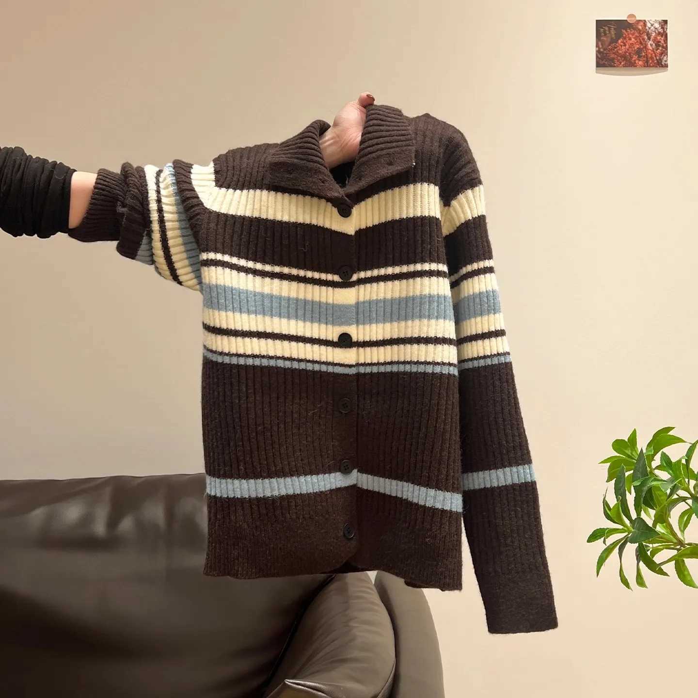 Milard Half High Collar Striped Long Sleeve Knitted Cardigan Thick Sweater Winter Top Warm and Relaxing Jacket for Women S2609177AK7