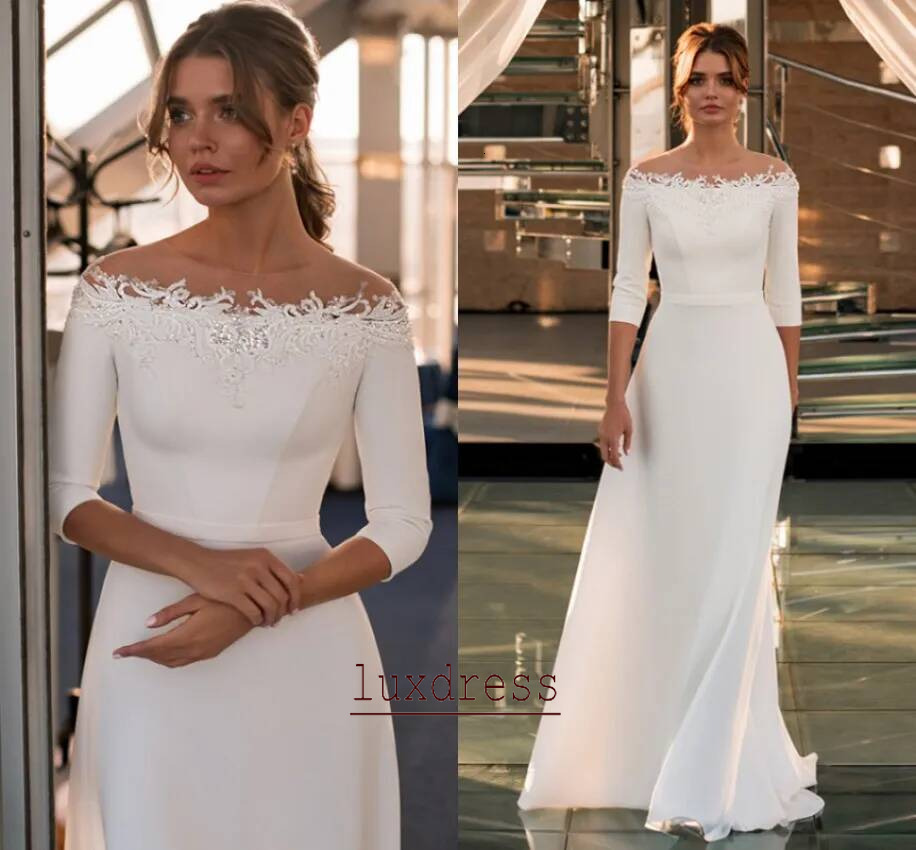 Simple Wedding Dress New Arrival Boat Neck 3/4 Sleeves Beading Appliques A Line Soft Satin Bridal Gown Robe De Mariee