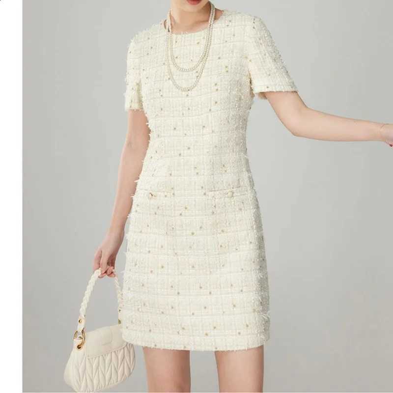 Summer French Spring Simple Elegant Chic Tweed Dress Female Round Collar Loose Korea Office Women Dresses with Short Sleeves C260917
