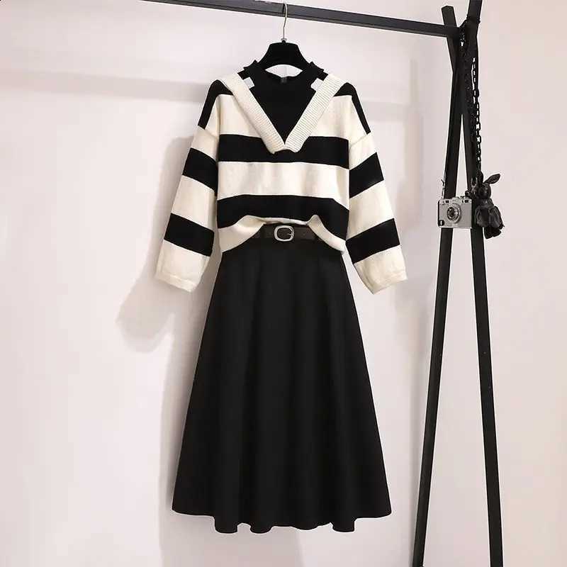 Sweater Women's Stripe Fashion Halter Skirts Outfits Korean Chic Elegant Knitted Pullover A-Line Skirt 2 Piece Set 2025 ClothingW260915