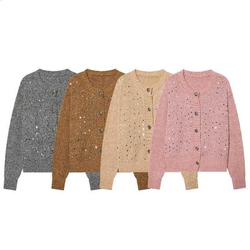 Long Knitted Casual Loose Sleeve Women's Fashion Spring Cardigan Style Shiny Sequins All-Match Comfortable Polyester Sweater J260916